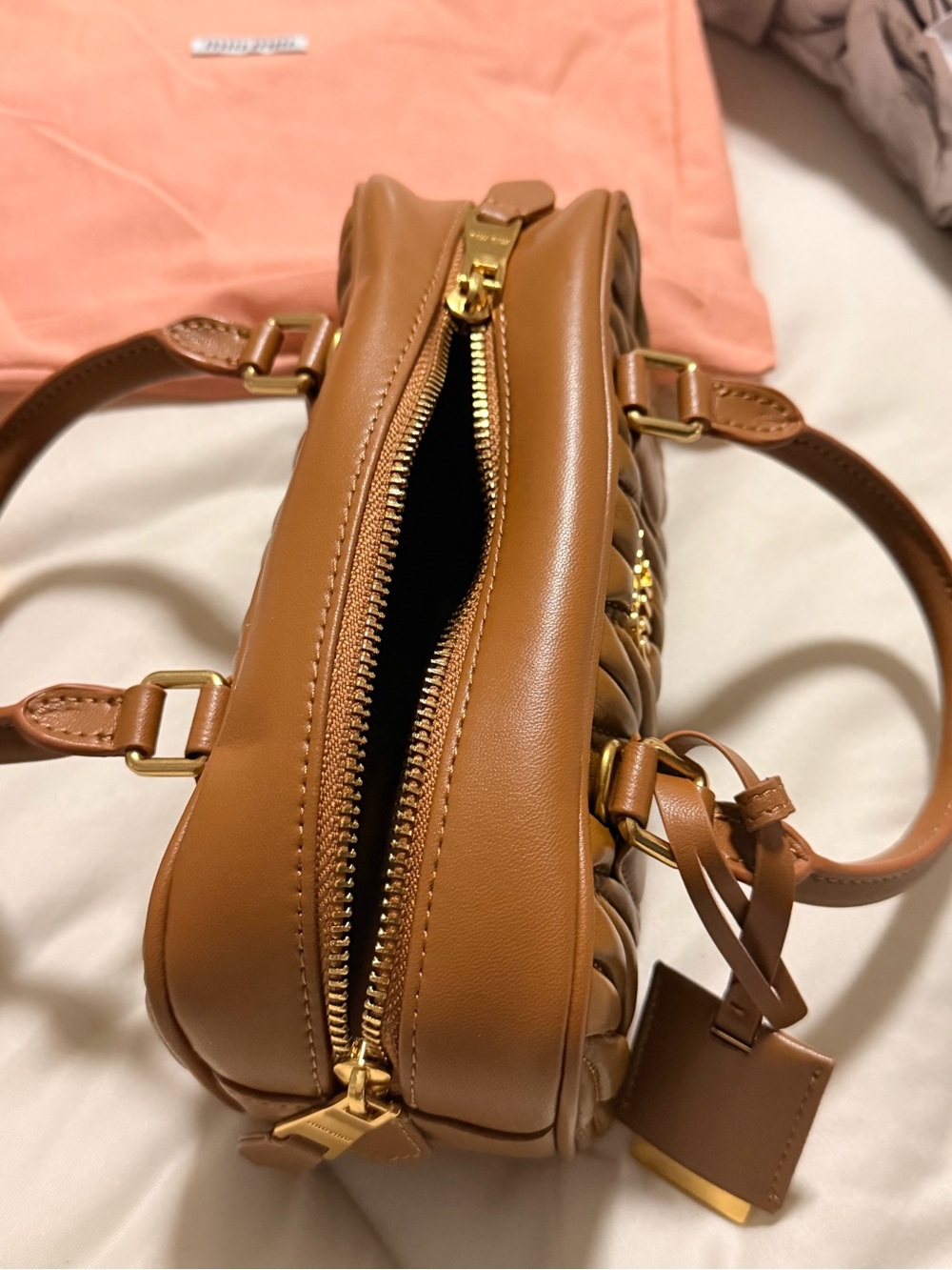 Miu Miu Quilted Matelassé Satchel in Brown with Gold Hardware - Picture 4 of 13